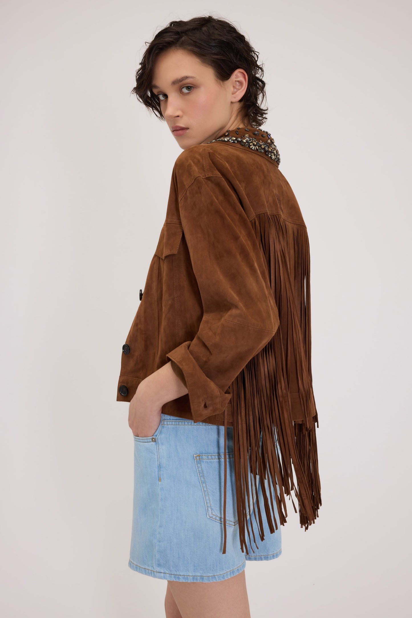 FLIPSHOP FP BOUTIQUE GIACCA IN PELLE CAMOSCIA CON FRANGE E COLLO GIOIELLO
