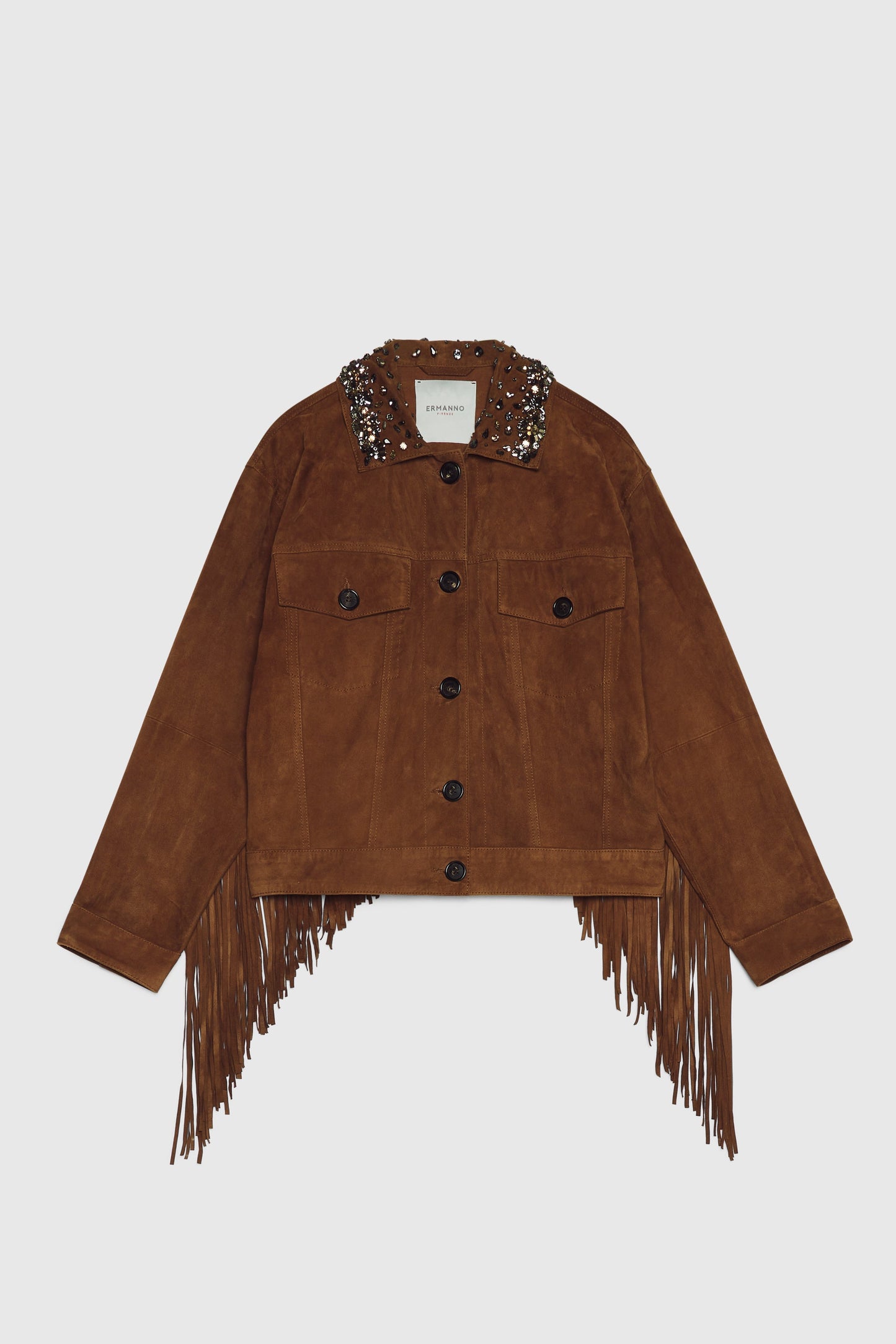 FLIPSHOP FP BOUTIQUE GIACCA IN PELLE CAMOSCIA CON FRANGE E COLLO GIOIELLO