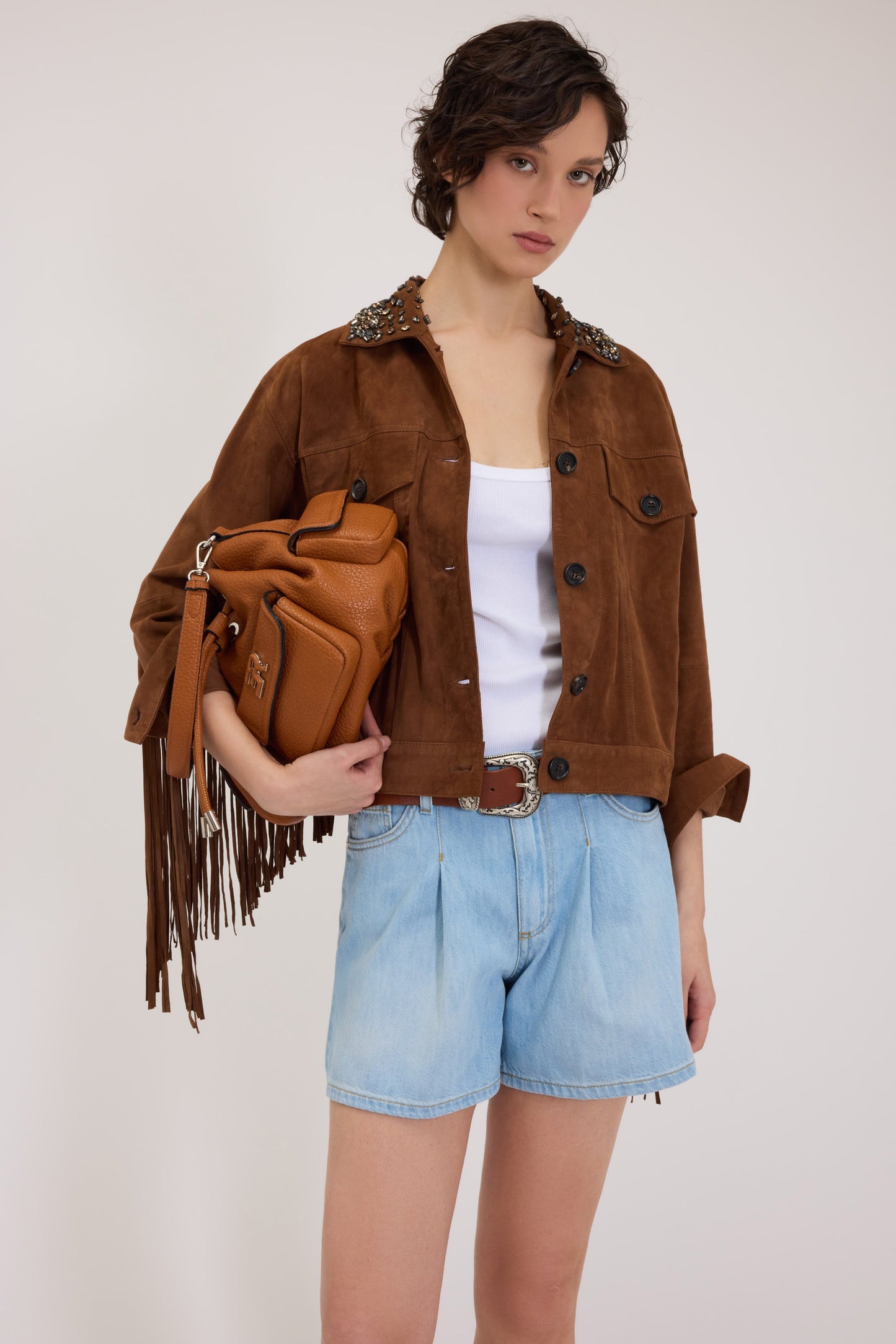 FLIPSHOP FP BOUTIQUE GIACCA IN PELLE CAMOSCIA CON FRANGE E COLLO GIOIELLO