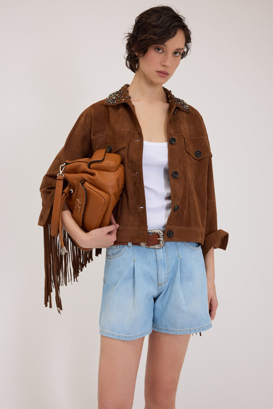 FLIPSHOP FP BOUTIQUE GIACCA IN PELLE CAMOSCIA CON FRANGE E COLLO GIOIELLO