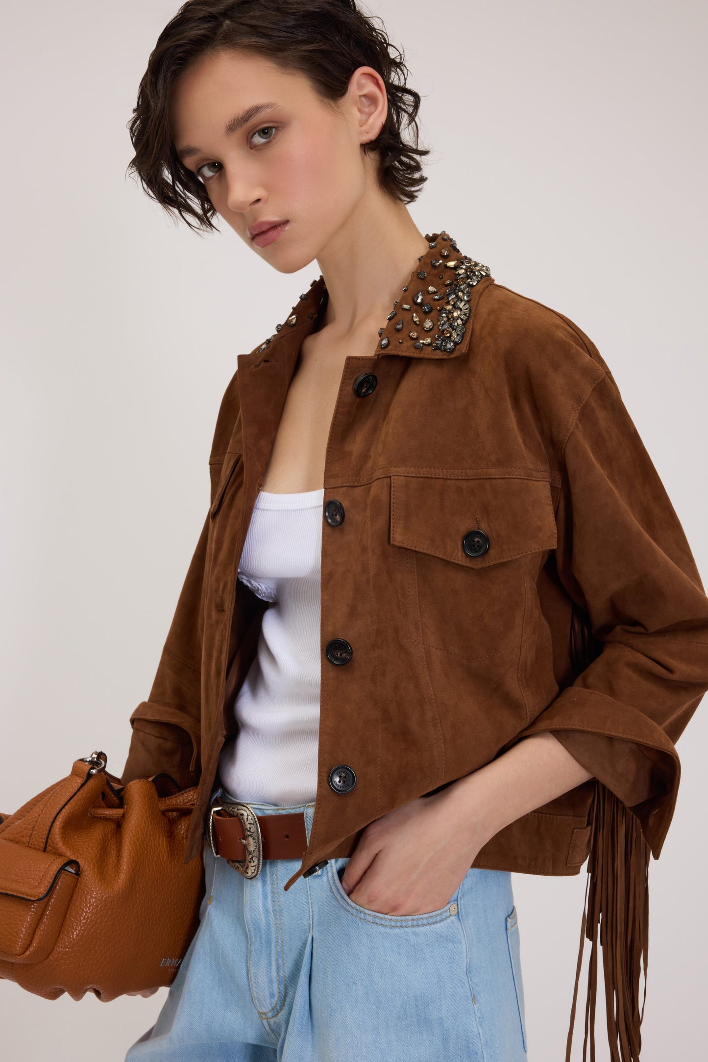 FLIPSHOP FP BOUTIQUE GIACCA IN PELLE CAMOSCIA CON FRANGE E COLLO GIOIELLO