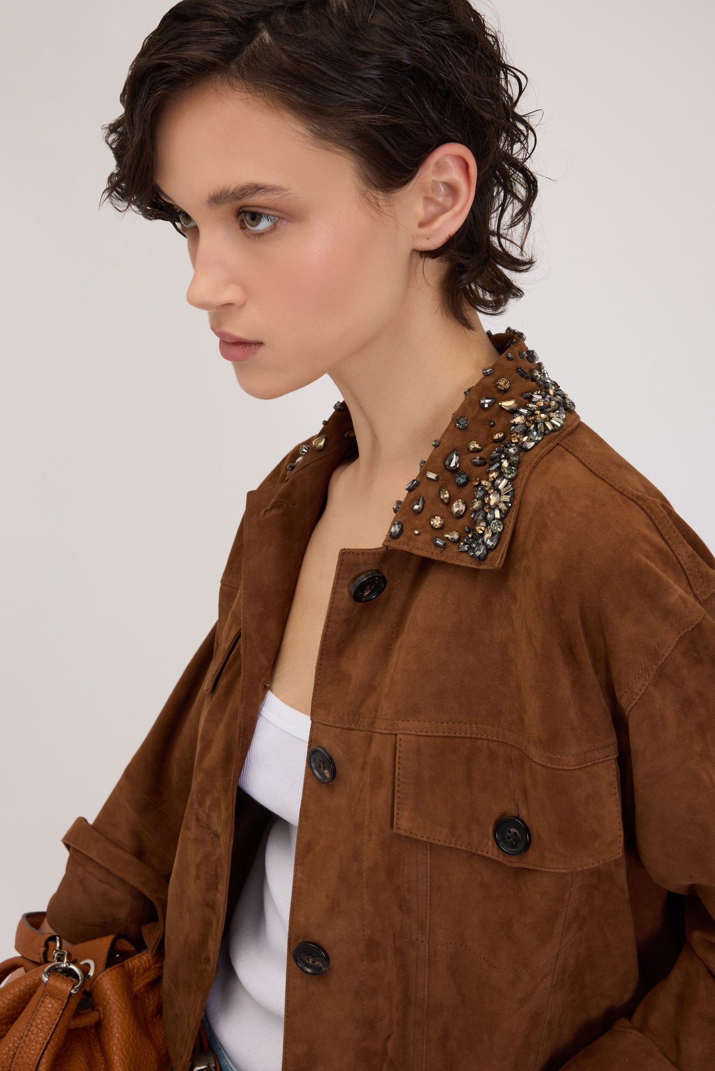 FLIPSHOP FP BOUTIQUE GIACCA IN PELLE CAMOSCIA CON FRANGE E COLLO GIOIELLO