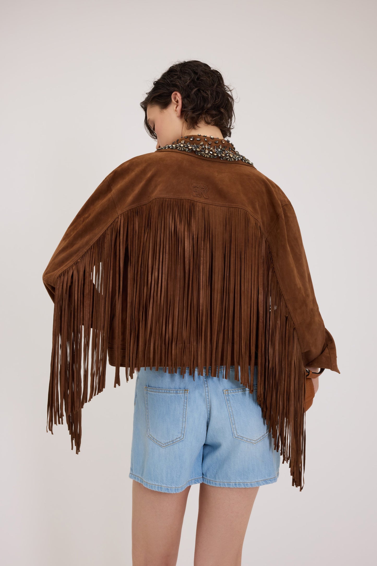 FLIPSHOP FP BOUTIQUE GIACCA IN PELLE CAMOSCIA CON FRANGE E COLLO GIOIELLO