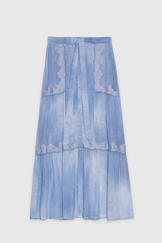 GONNA LUNGA IN GEORGETTE FP BOUTIQUE, STAMPA IN DENIM CON PIZZO