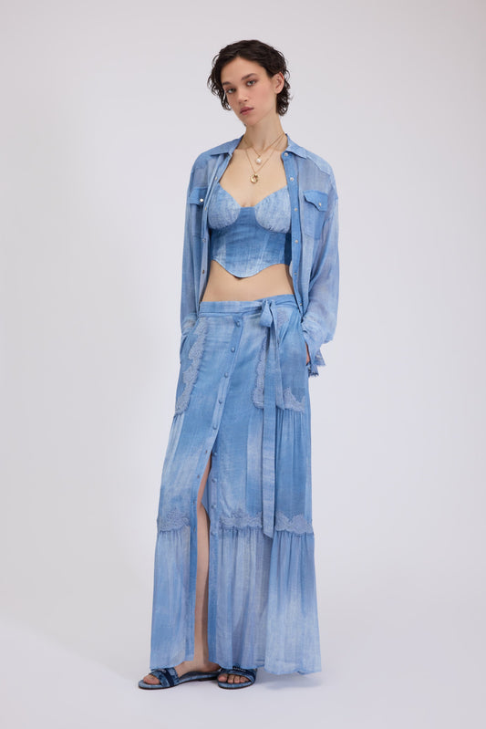 GONNA LUNGA IN GEORGETTE FP BOUTIQUE, STAMPA IN DENIM CON PIZZO