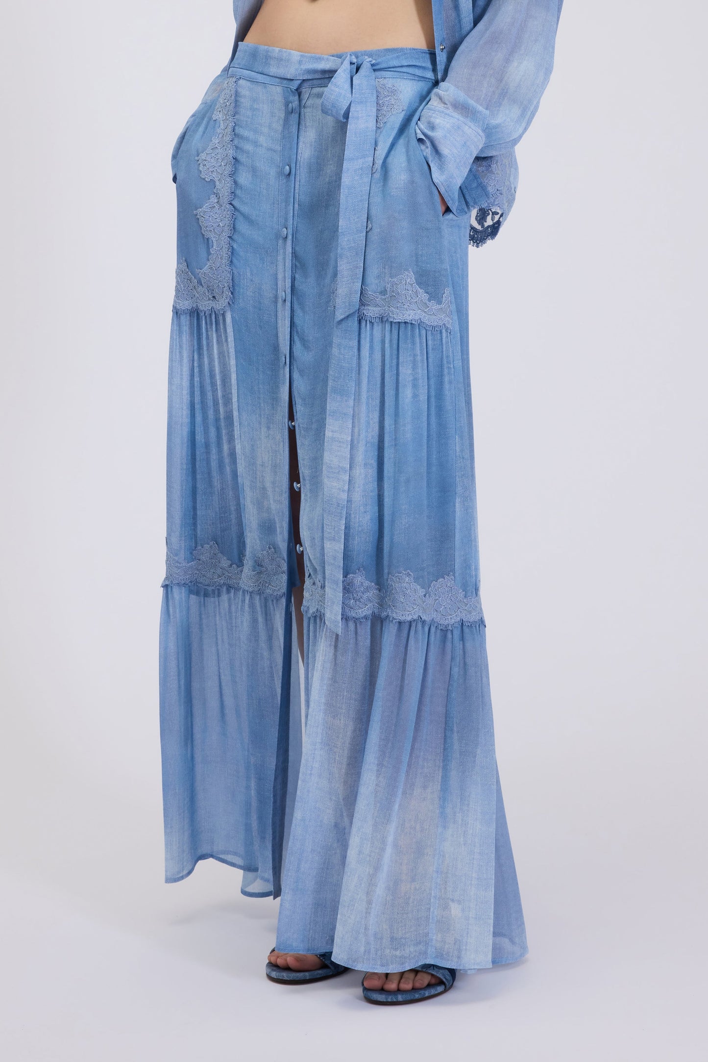 GONNA LUNGA IN GEORGETTE FP BOUTIQUE, STAMPA IN DENIM CON PIZZO