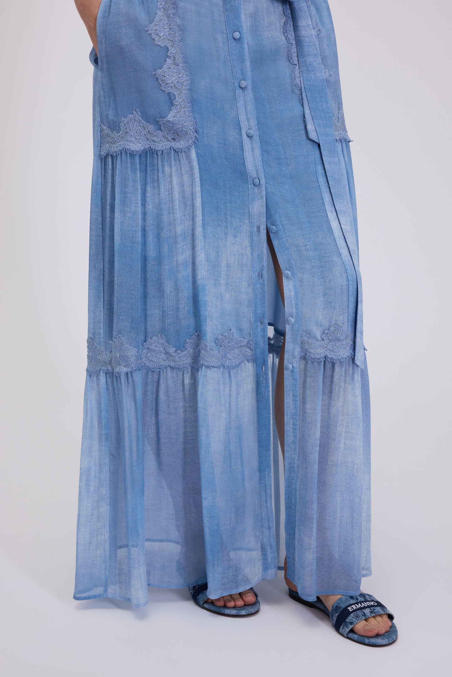GONNA LUNGA IN GEORGETTE FP BOUTIQUE, STAMPA IN DENIM CON PIZZO