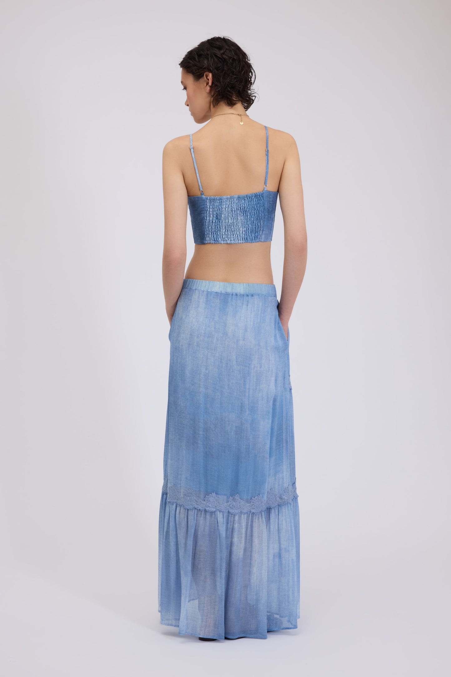 GONNA LUNGA IN GEORGETTE FP BOUTIQUE, STAMPA IN DENIM CON PIZZO